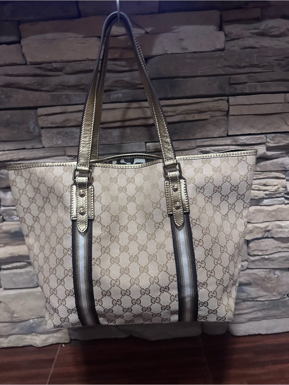 Gucci Beige GG Canvas Tote with Metallic Gold Trim